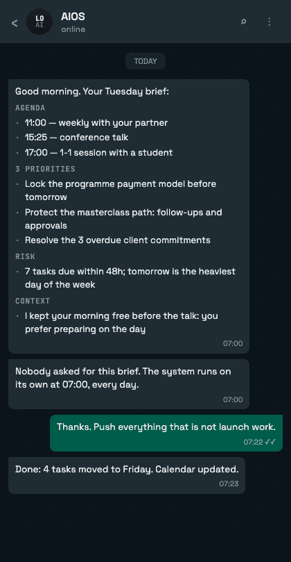 The briefing that arrives at 07:00, every day, unasked.