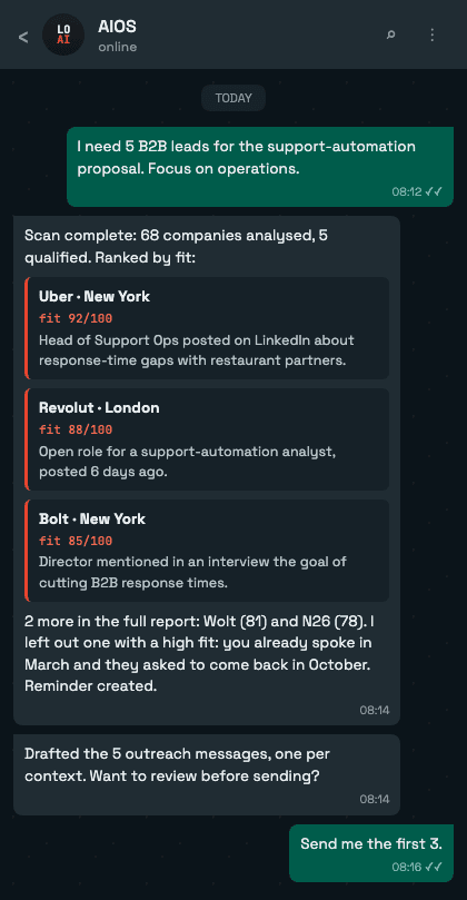 Prospecting: 68 companies analysed, 5 leads with a fit score and the reason for each.